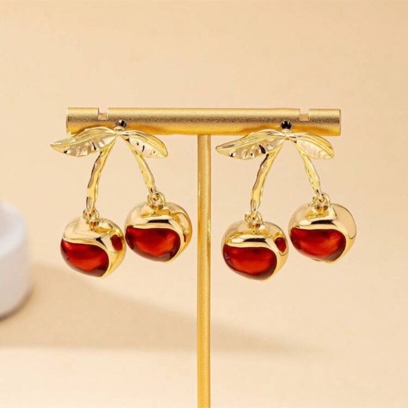 ✨NEW Cherry Drop Earrings in Gold and Red - Picture 3 of 5